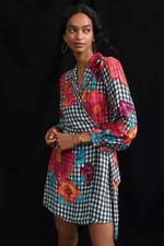 ANTHROPOLOGIE $210 Farm Rio Gingham Floral True Wrap Mini Dress Size XS