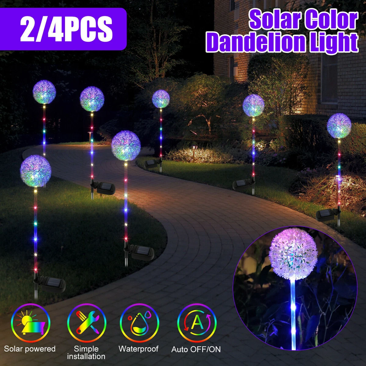 2 4x Solar LED Dandelion Flower Lights Stake Landscape Decor Ground Lamp Outdoor
