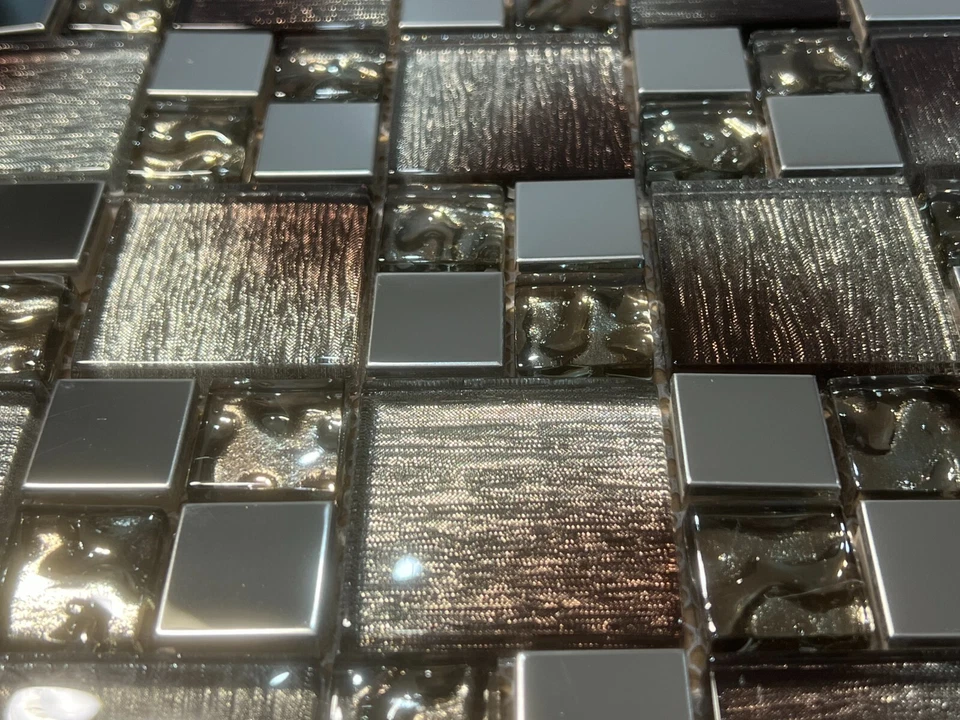 NY46 Silver Brown Gradient Glass/Metal Square Mosaic Tile Kitchen Bathroom 7 pcs - Image 3 of 4
