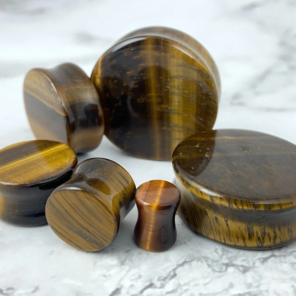 Par de tapones de piedra ojo de tigre conjunto medidores ELIGE EL TAMAÑO orgánico Foto 2 de 4