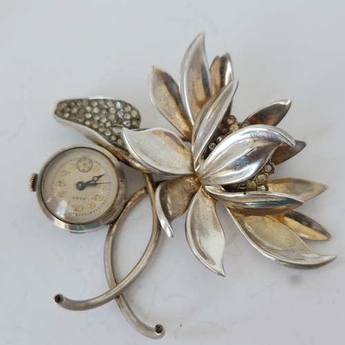 Vintage Sterling Silver Cort Watch Brooch Flower W/stones Large - 第 1/8 張圖片