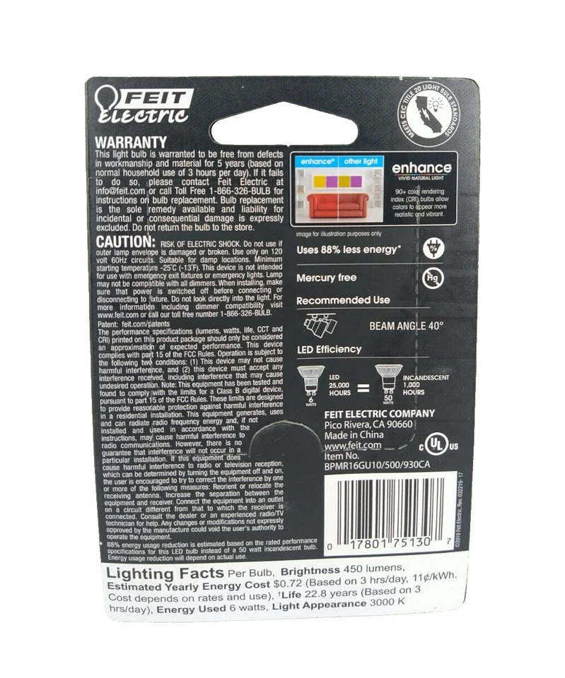 Feit Electric Enhance MR16 GU10 LED Bulb Bright White 50 Watt Equivalence NEW - Image 2 of 2