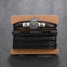 Men's Bracelets - Boho Woven Leather Stackable Fashion Bracelets - 4 Piece Set