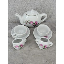 Miniature Porcelain Tea Set White Pink Rose Floral 8 Piece Dollhouse Teapot Cups