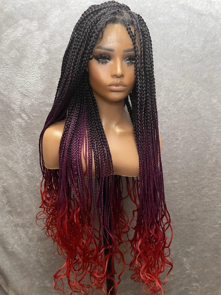 40英寸长盒编织假发-花边正面|红色/紫色卷曲末端合成网帽 — 第 2/4 张图片