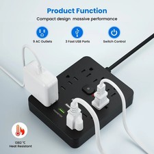 Flat Plug Power Strip with 6 Outlet Long Extension Cord USB Port Surge Protector