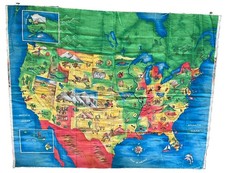 USA Canada Map Fabric Panel Educational Geography States Countries Cotton 2001