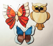 3 Tiffany Glasfensterbilder  Schmetterling/ Eule/Schmetterling blau/