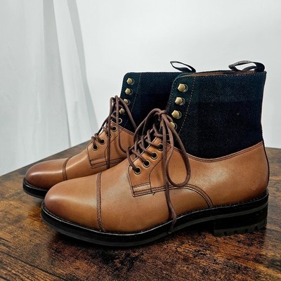 Polo Ralph Lauren Bryson Leather & Plaid Wool Cap Toe Boots 8.5 Brown Green