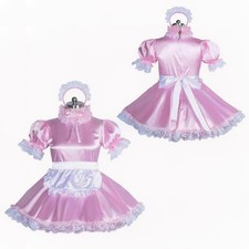 Maid Girl Sissy Lockable Pink satin Dress cosplay costumes CD/TV Tailor-made