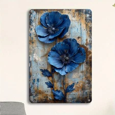 Vintage Blue Poppy Flowers Rustic Floral Tin Metal Signs Home Décor 8x12 