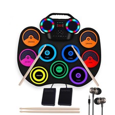 9 Pad Electronic Drum Kit RollUp Practice Set Dual Speaker USB MIDI Jack Toy
