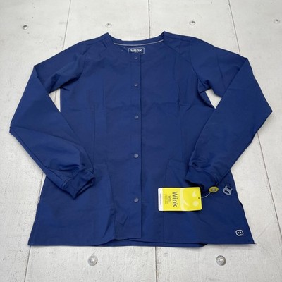 Wink Scrub Jacket Womens XS Blue Snap Front Collarless Pockets Stretch