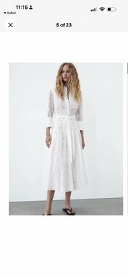 Zara White Eyelet Cotton Shirt Dress Button Front Belted Collared Midi L