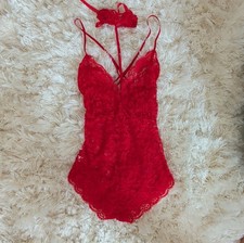 Red Lace Floral One Piece Bodysuit with Straps, Semi-Transparent, Size S