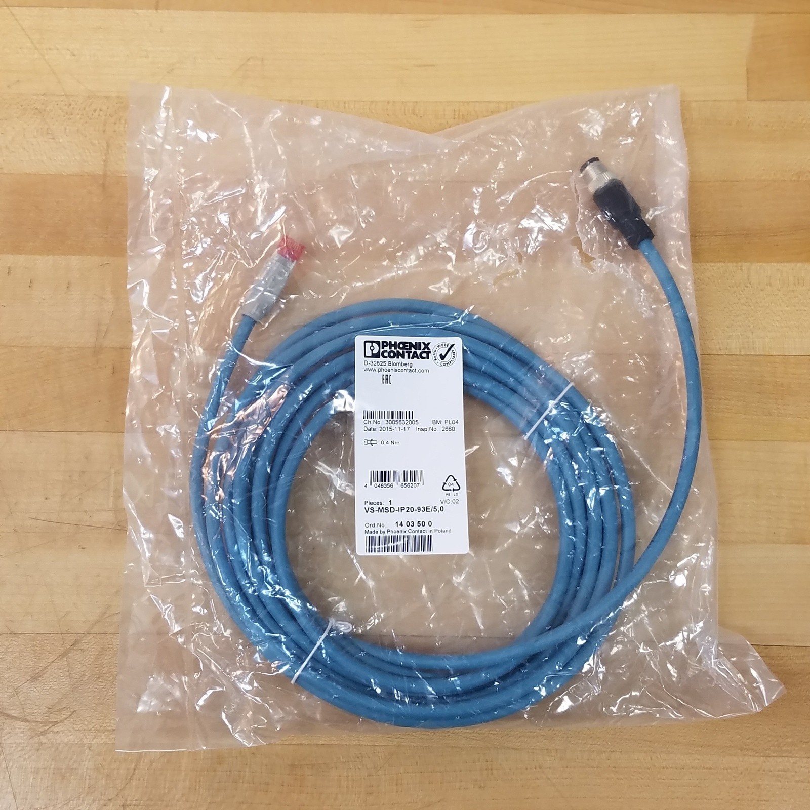 Phoenix Contact 1403500 Ethernet Cable, 4 Pin Male To RJ45, 5 Meters - NEW
