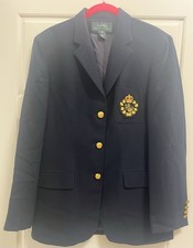 Vtg Ralph Lauren Wool Blazer Raised Embroidered Crest Navy Blue 10 12 USA