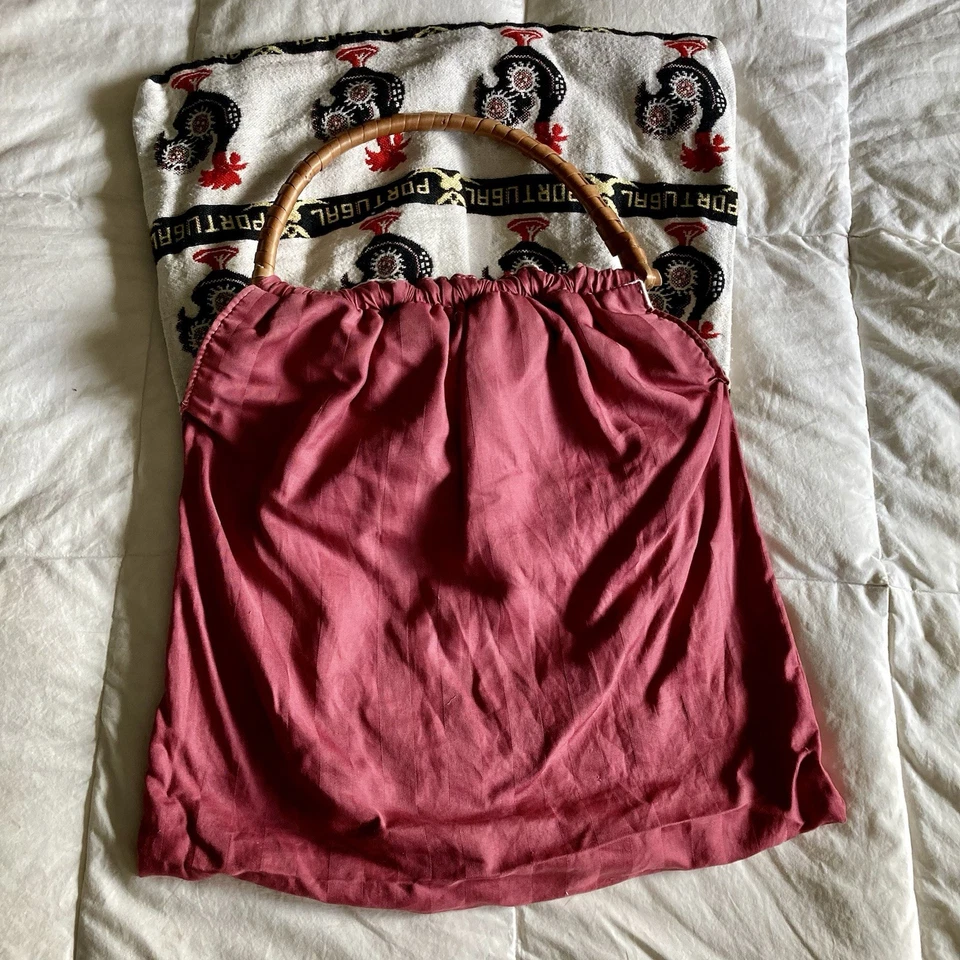 Vtg 70s Portugal Tapestry Bag Rooster Barcelos Cotton Rattan Handle Lined Tote - Image 4 of 4