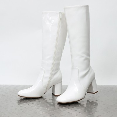 Women Square Toe Low Chunky Block Heel Gogo Boots Zip Up Knee High Boots