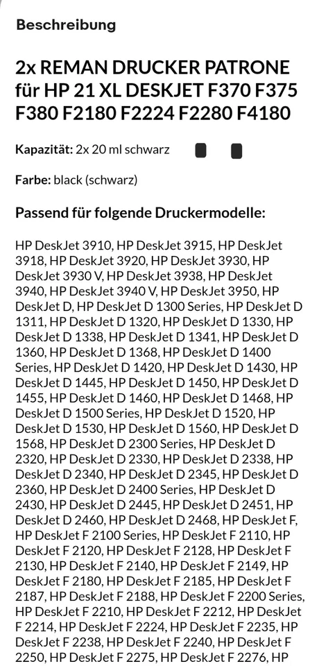 2x Black DRUCKERPATRONE für HP 21XL DESKJET F370 F375 F380 F2180 F2224 F2280 - Bild 3 von 4