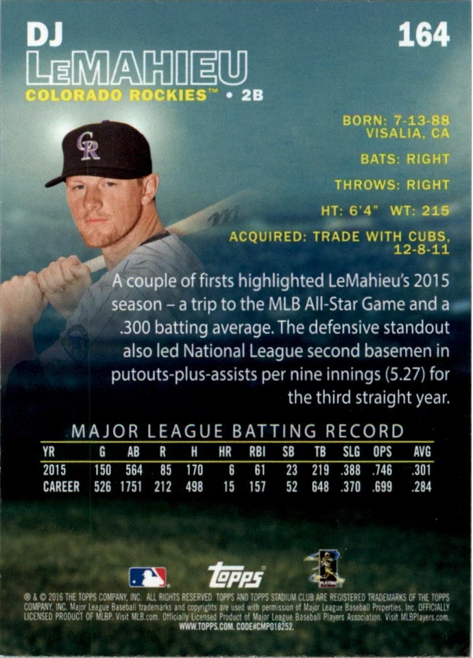 2016 Stadium Club Members Only #164 DJ LeMahieu - BB - Image 2 of 2