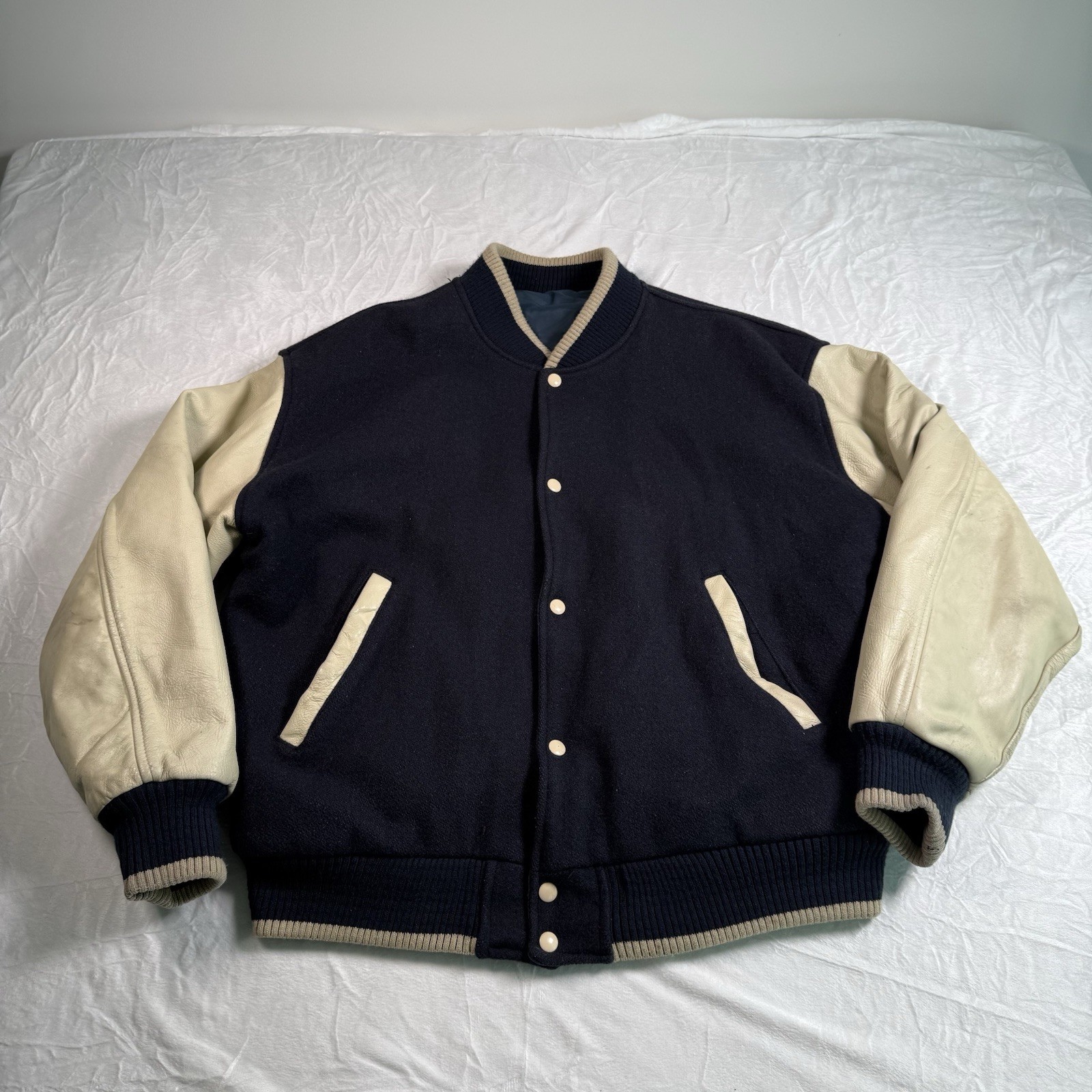 Men's Large Navy Blue Beige Varsity Jacket Leather Sleeves MV Sport Made in USA