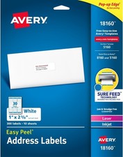 Address Labels, 1" x 2-5/8", Paper, Matte White, Laser/Inkjet, Sure Feed, 300