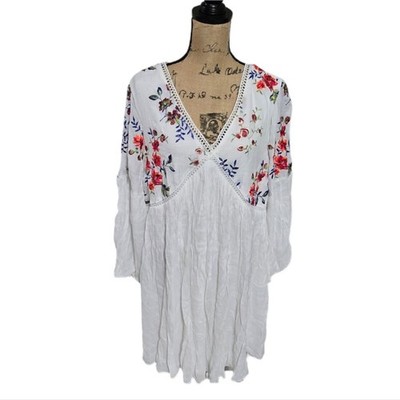 J. Gee White Embroidered Floral Gauzy Long Sleeve Mini Dress Coverup Plus 1X 2X