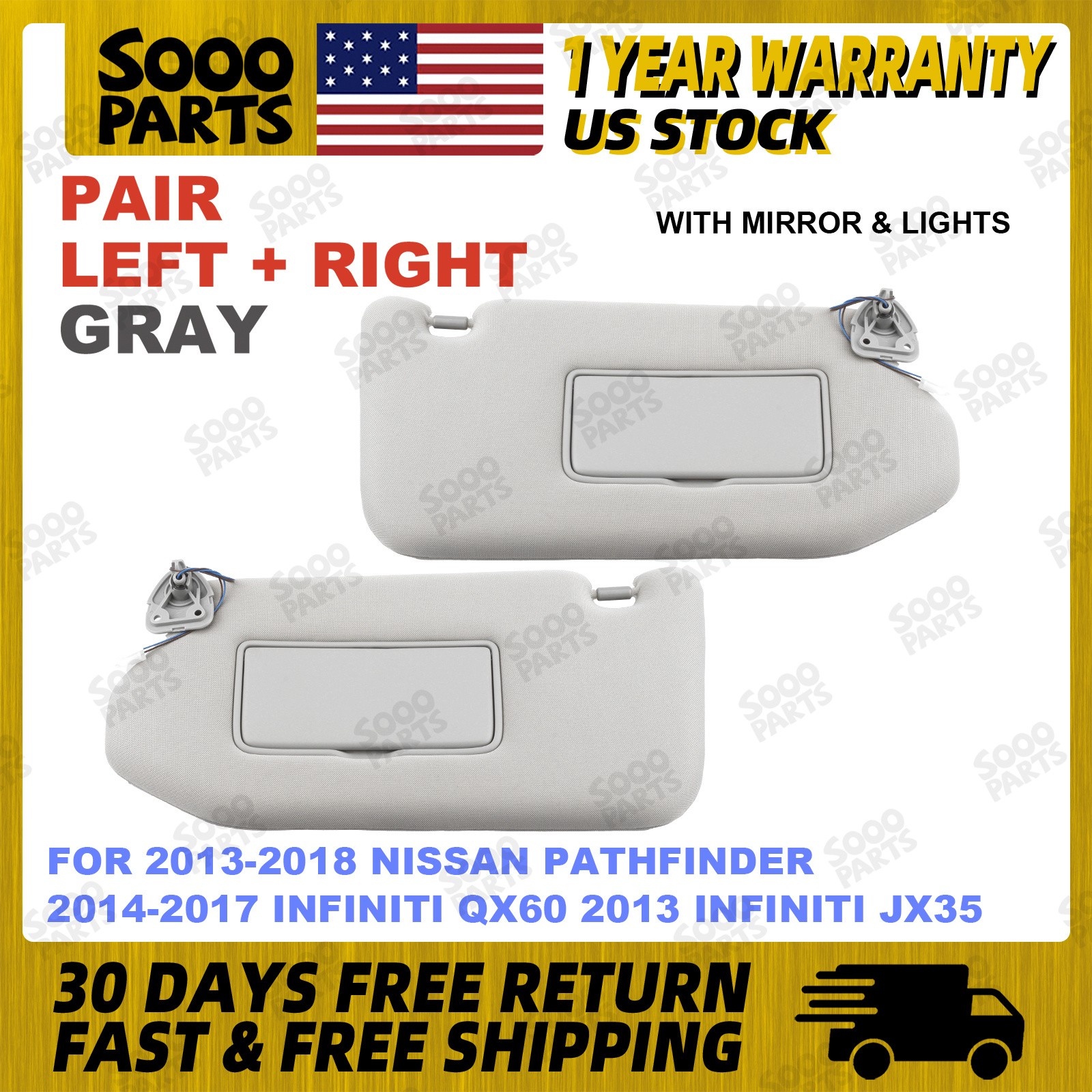 Pair Left & Right Gray Sun Visor For 13-18 Nissan Pathfinder 14-17 Infiniti QX60