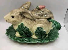 The Haldon Group 1983 Majolica Style Rabbit Soup/Gravy Tureen with Ladle & Plate