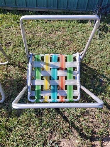 Vintage 1970s Adult Webbed Aluminum Folding Lawn Chairs Yellow Orange Green Blue - Picture 6 of 13