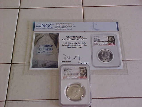 1964 D DENVER KENNEDY HALF DOLLAR FDI DISCOVERY BAG NGC MS63 SIGNED CERTIFICATE