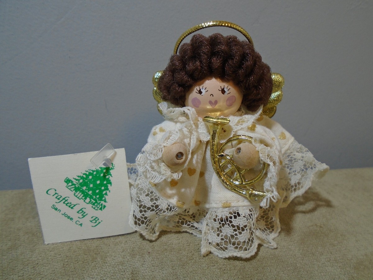 HANDMADE BY BJ MINIATURE WOODEN ANGEL FABRIC LACE 3” FIGURE