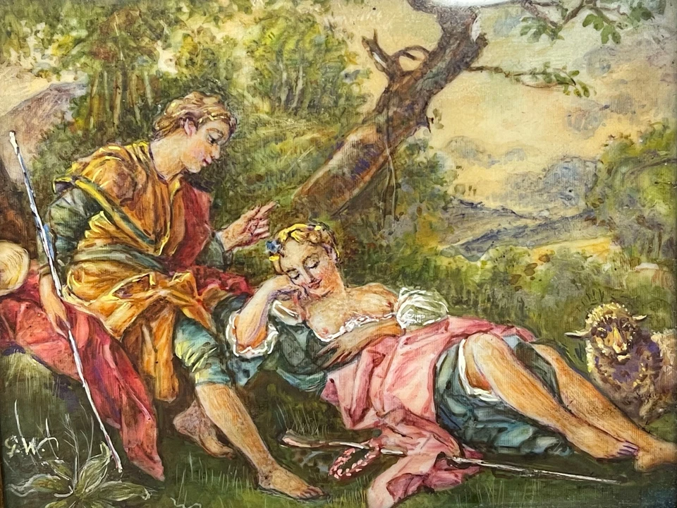 Rare miniature curiosa XIXème siècle signée avec cadre berger & bergère denudée - Photo 4/4