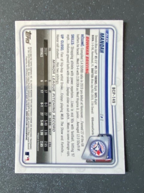 Alek Manoah 2020 Bowman Chrome #BCP-149 Sapphire Toronto Blue Jays - Image 2 of 2