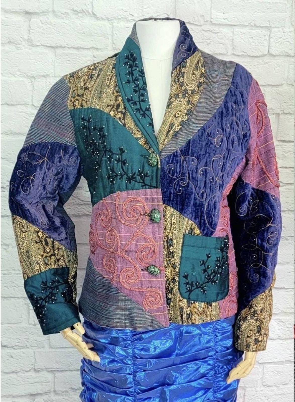 90s Patchwork Jacket Blazer Beaded  Art teacher v… - image 1