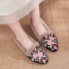 Women Fleece Lined Pointed Toe Flat Shoes Faux Fur Trim Embroidery Floral Ethnic