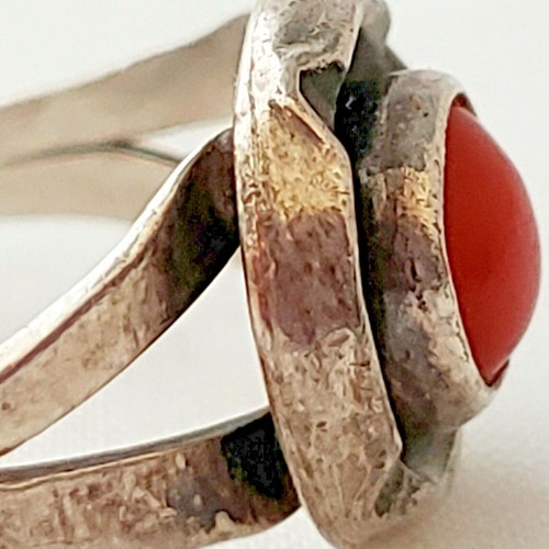 Anello tondo vintage argento pietra arancione cabochon 5,5 ossidato sud ovest non marcato - Foto 5 di 11