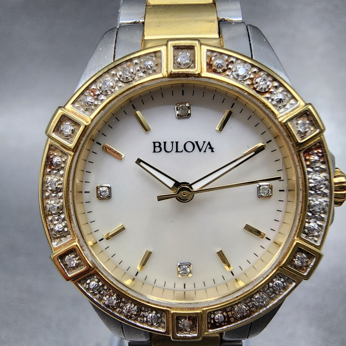 Bulova Crystal Watch Women 28mm MOP Dial Two Tone Round 98R236 New