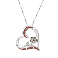 Cute New Silver Plated Heart Shaped Red Fire Opal Rose Flower Pendant Necklace