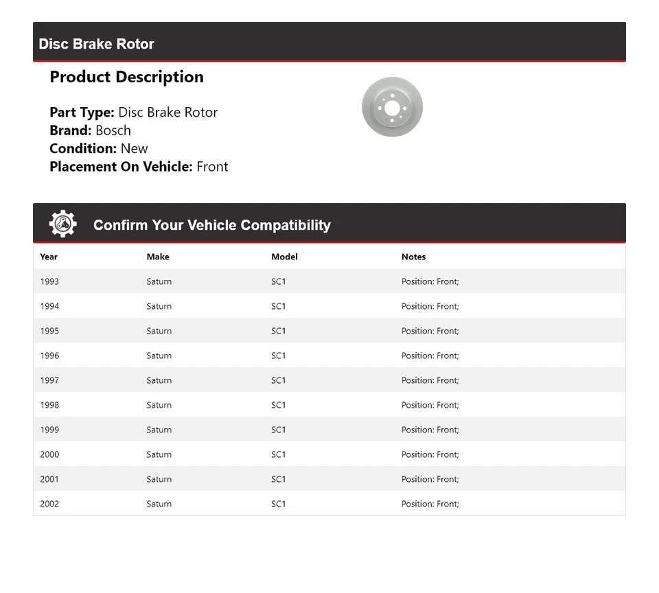Rotor de freno de disco delantero para Saturn SC1 1993-2002 Bosch QuietCast 1994 1995 1996 Foto 2 de 4