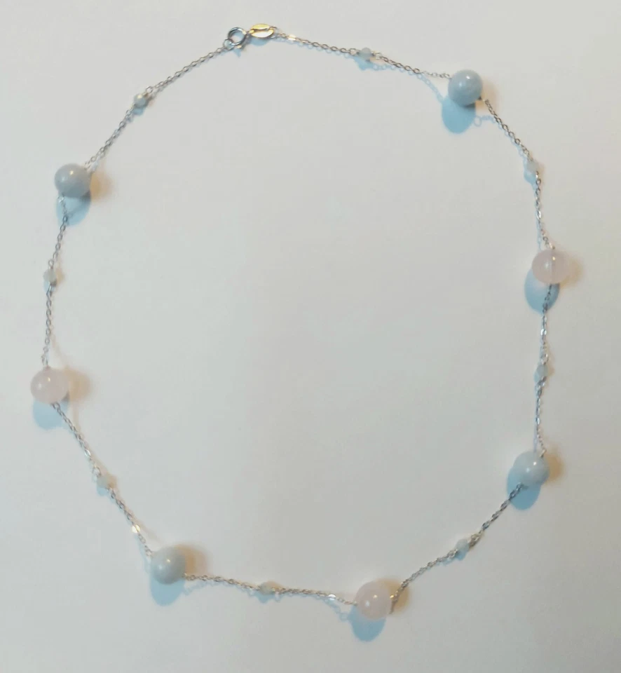 collana in argento 925 con acquamarina tonda e sfaccettata e quarzo rosa da 8 mm - Immagine 3 di 4