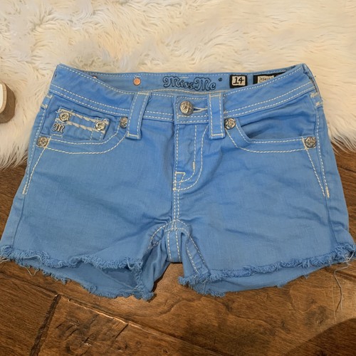 MIiss Me Jean Shorts JK5418H3 Sky Blue Embellished Pockets Size 14 Back Flap - Picture 7 of 8