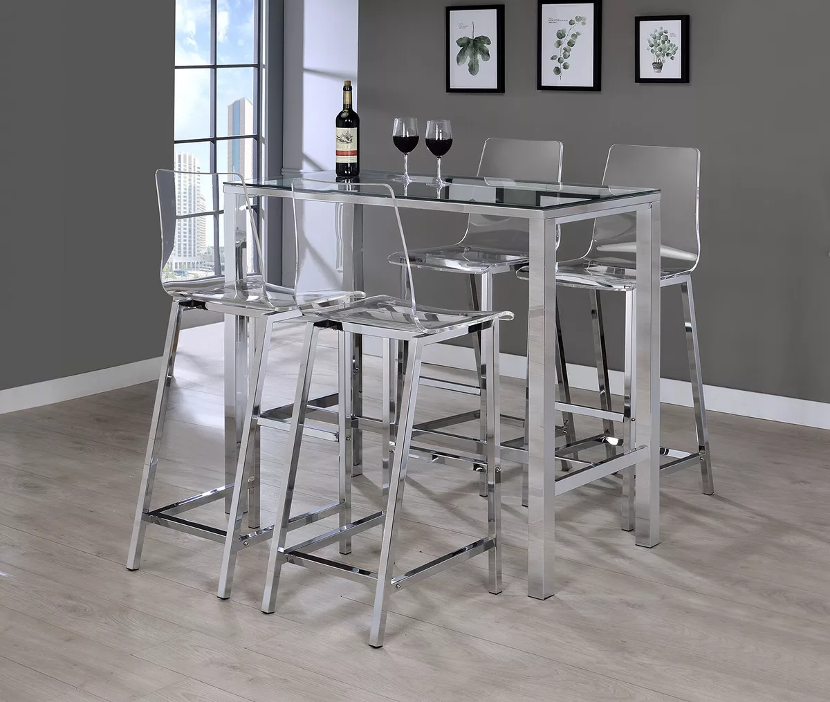 Modern 5pc Bar Table Dining Set Glass Top Acrylic Chairs Chrome