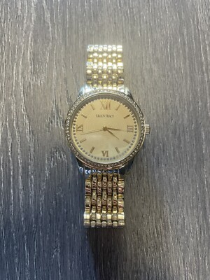 Ellen Tracy Watch Gold Tone Crystal Accent Jewelry Clasp Mother Pearl Dial