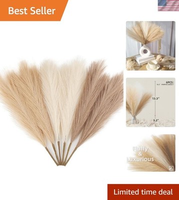 6-Pcs 17'' Pampas Grass Faux Pompas Fluffy Artificial Fake Flower Boho Decor f...