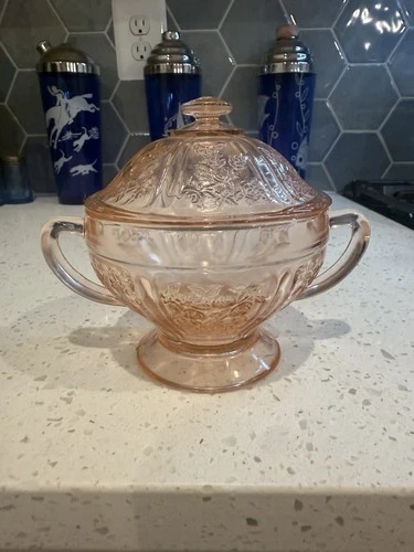 Federal Sharon Cabbage Rose Pink Sugar Bowl WIth Lid / Cover Depression Glass