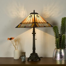 Tiffany Table Lamps Yellow Stained Glass Striped Checkered Style Mission Desk...