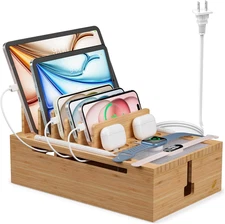 Bamboo Charging Station for Multiple Devices, USB Charger Dock Organizer, with P