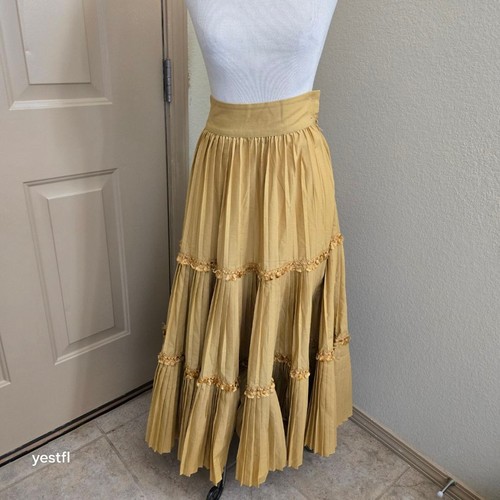 Byblos, Vintage Byblos Bergdorf Goodman Italian Pleated Tiered Maxi Skirt Ochre Gold 4